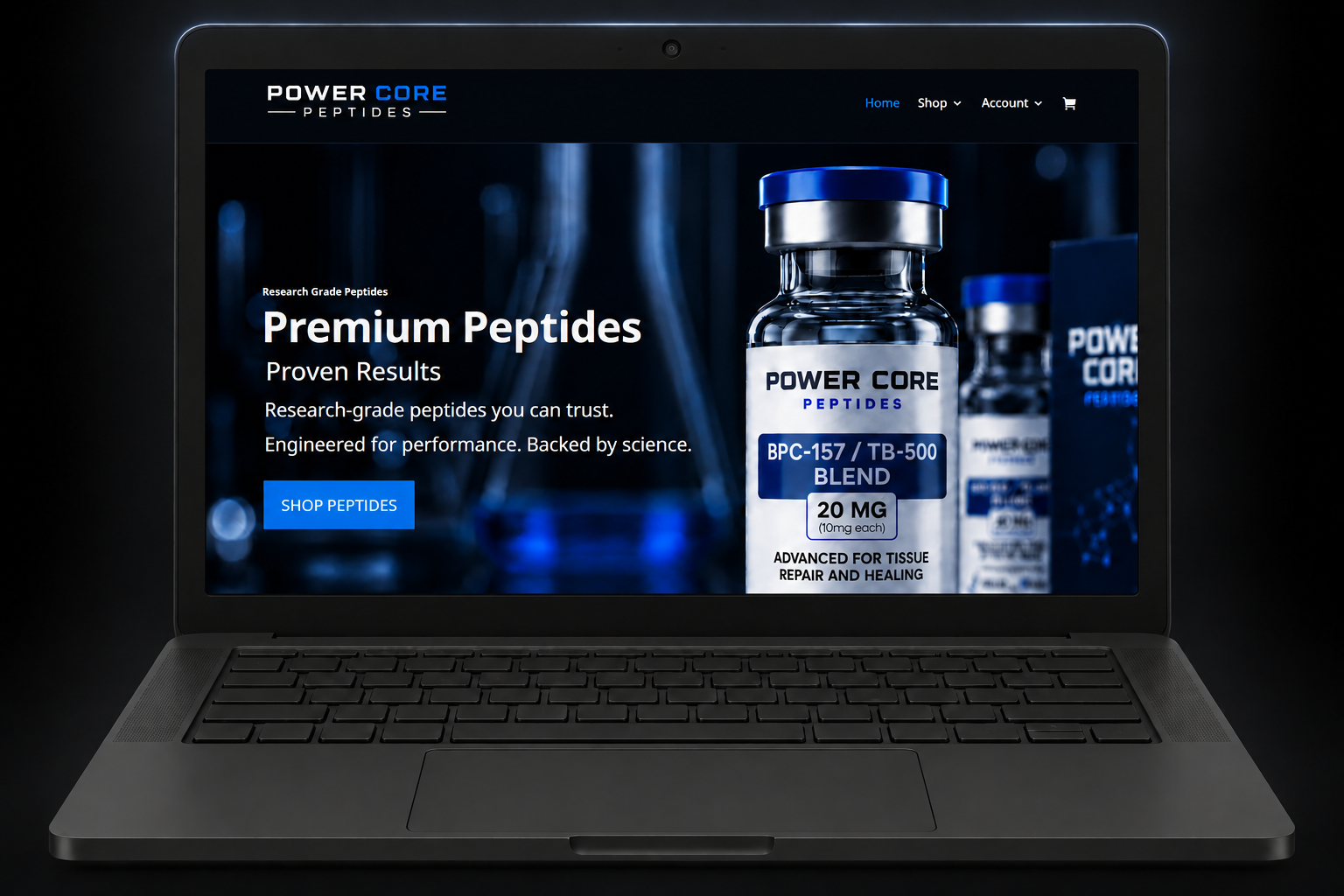 Power Core Peptides website in a dark laptop with a subtle top-edge glow